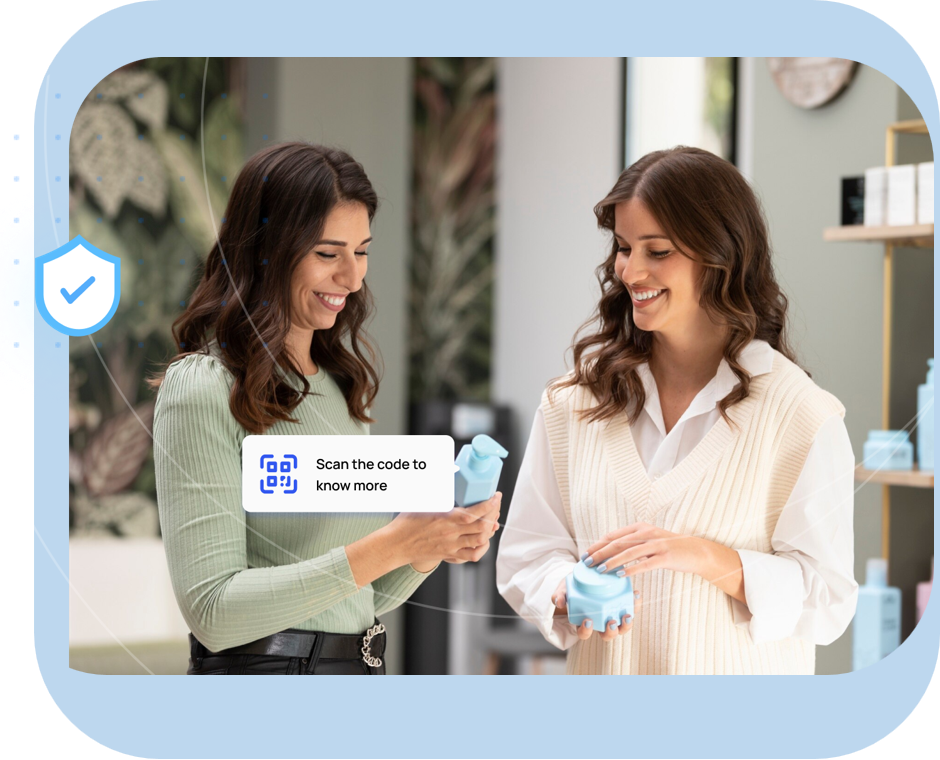 Two woman smiling at the interactive packaging of  personal care products enabled by Brandwise 