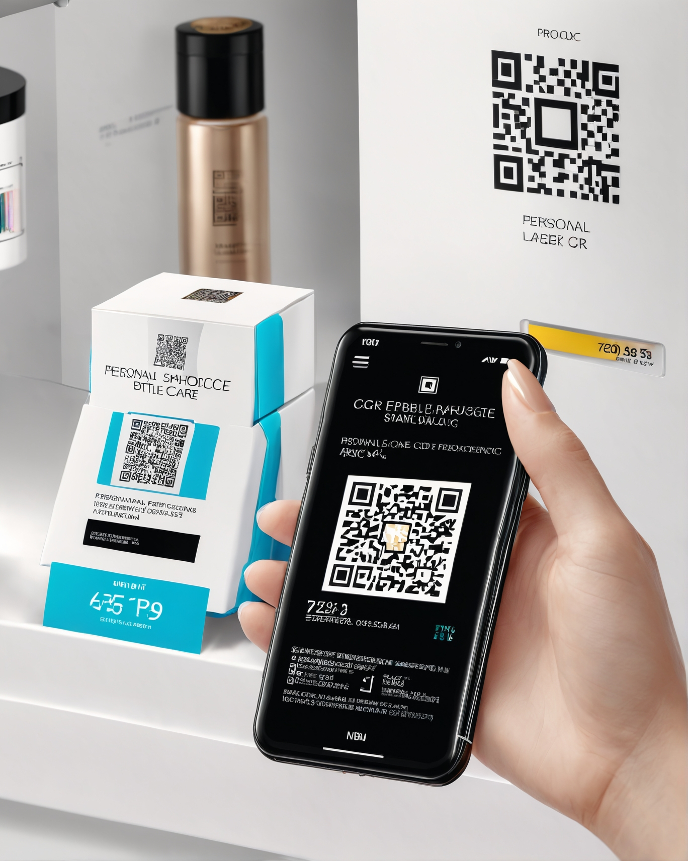 Phone scanning qr code on pos and product for accessing information and  interacting with engaging experiences