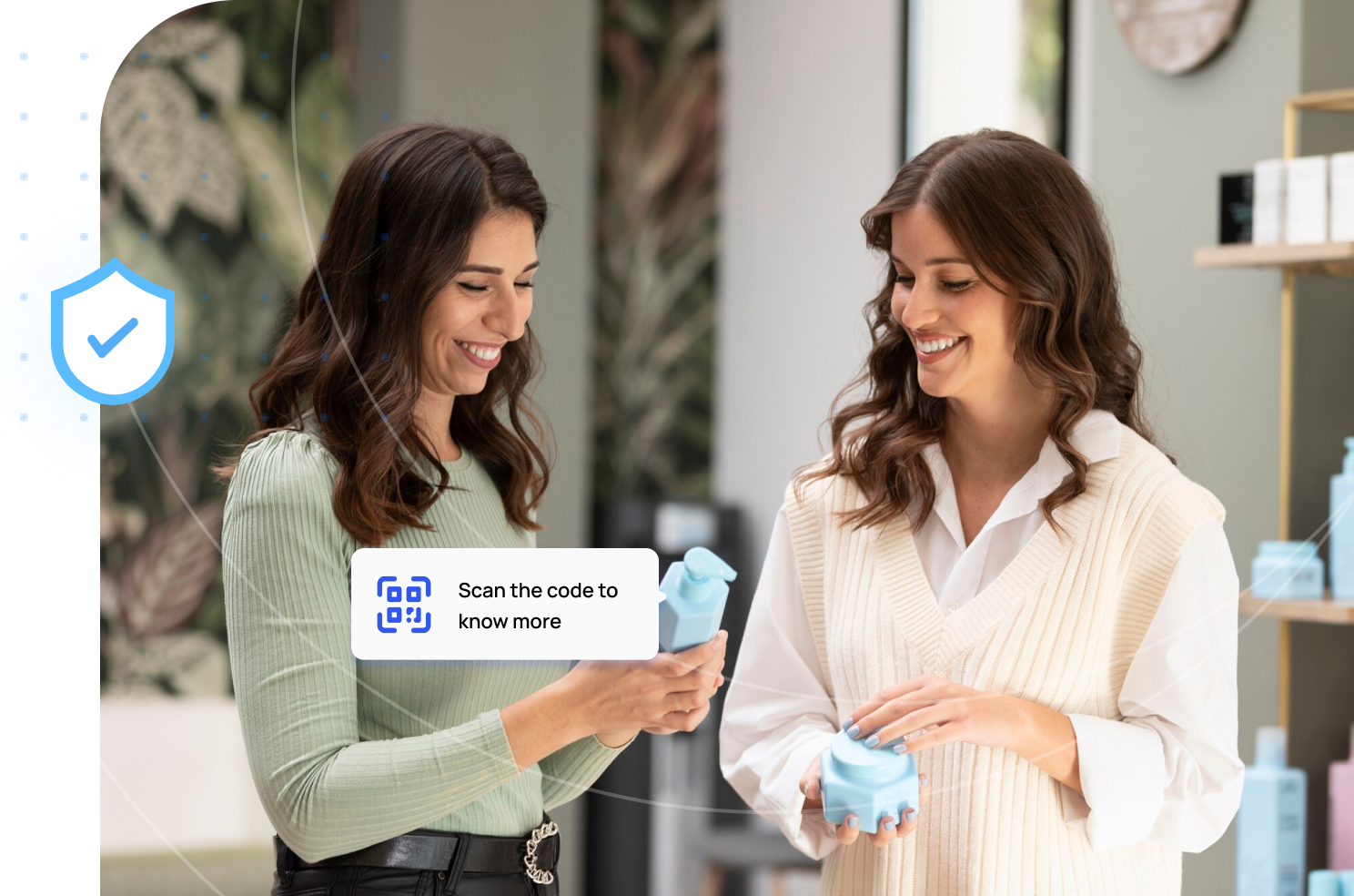 Two woman smiling at the interactive packaging of  personal care products enabled by Brandwise 