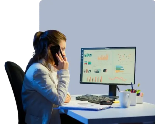 Sales Woman looking at dashboard with statistics to help her  with a sales call by providing detailed insights