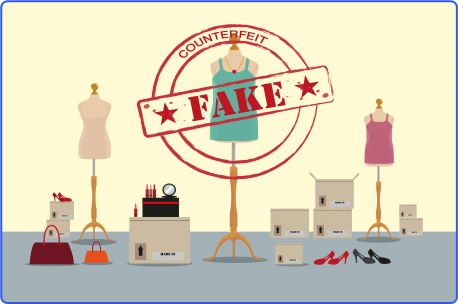 Counterfeit fashion products with a 'Fake' stamp,  highlighting the importance of authenticity in retail and brand protection